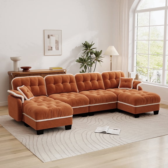 Eyisean 131" Modular Sectional Sofa with 4 Pillows & Ottomans, Pom-Pom Trim Quilted Tufted Cushion Ergonomic Design, U-Shape Modern Chenille Cloud Couches with Deep Seat for Living Room & Office