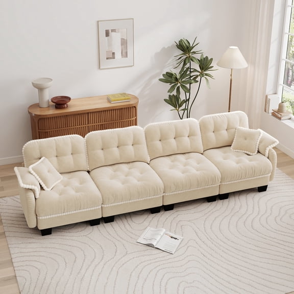 Eyisean 131" Modular Sectional Sofa with 4 Pillows, Pom-Pom Trim Quilted Tufted Cushion Ergonomic Design, 4-Seater Modern Chenille Cloud Couches with Deep Seat for Living Room & Office, Easy Assembly