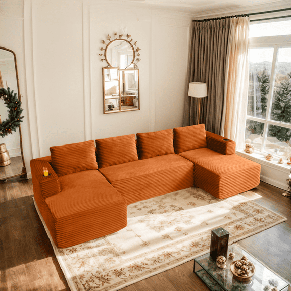 Eyisean 132" Oversized U-Shape Boneless Cloud Sectional Couch, Modular Sectional Sofa with Deep Seat & Chaise, Cup holders, Fluffy Memory Foam Corduroy Couches for Living Room, No Assembly Required