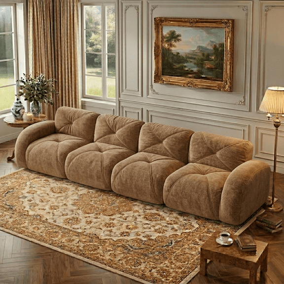 Eyisean 140'' Boneless Couch with Tufted, U Shaped Sectional Couches For Living Room, 4 Seater Cloud Couch with Ottoman, Retro Velvet Floor Sofa for Bedroom, No Assembly Required