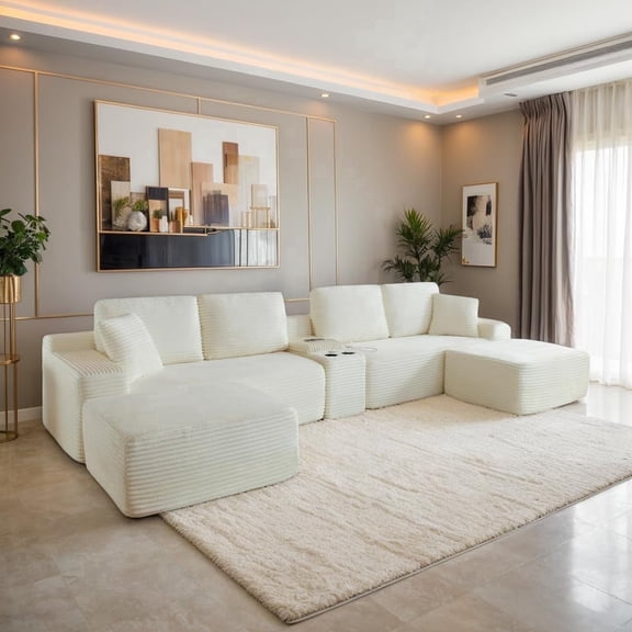 Eyisean 150" Oversized Comfy Modular Sectional Sofa Cloud Couch with Cup Holder & Storage, USB Ports, Modern Corduroy U Shaped Boneless Couches with Deep Seat, No Assembly, for Living Room