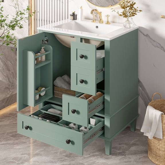 Eyisean 24" Bathroom Vanity with Sink Combo Set, Modern Free Standing Single Vanity Set with Adjustable Feet & 3 Drawers, Compact Wooden Cabinet with Storage Rack Soft-Close Door for Bathroom