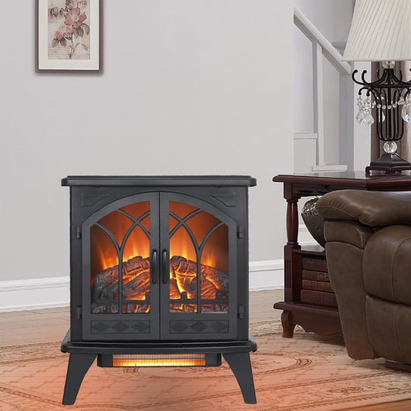 Eyisean 24" Freestanding Fireplace Heater with Double Door, 1500W Electric Fireplace Stove with Realistic Flame, Adjustable Brightness & Heating Mode, Dual Safety Protection for Living Room