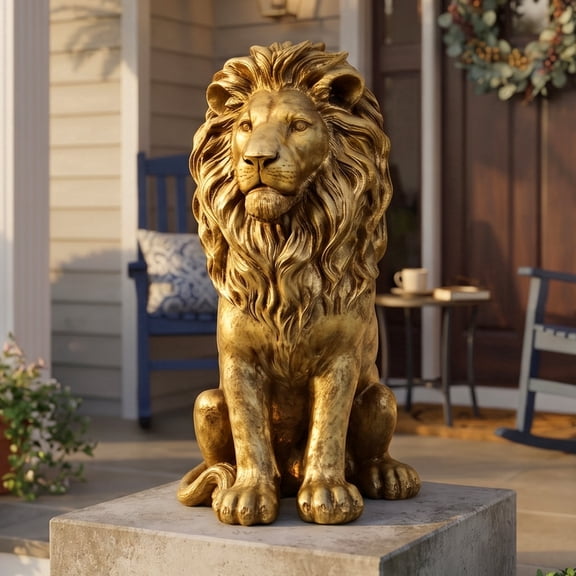 Eyisean 24"H Outdoor Resin Sitting Lion Statue, Large Golden Garden Art Sculpture with Lifelike Mane, Majestic Simulated Guardian Animal Decor for Villa, Entrance, Yard, Backyard, Weather-Resistant
