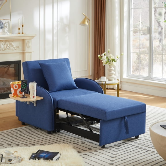 Eyisean 3-in-1 Linen Convertible Sleeper Chair Pull Out Bed, Comfy Single Sofa Chair with Adjustable Backrest, Phone Holder & USB & Type-C, Modern Armchair with Foldable Table for Living Room,Bedroom