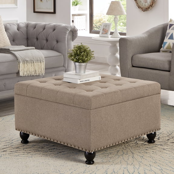 Eyisean 30" Linen Large Square Storage Ottoman, Modern Comfy Upholstered Coffee Table with Tufted Buttons & Nailhead Trim, Durable Footstool with Wood Legs, Foot Rest for Living Room, Bedroom