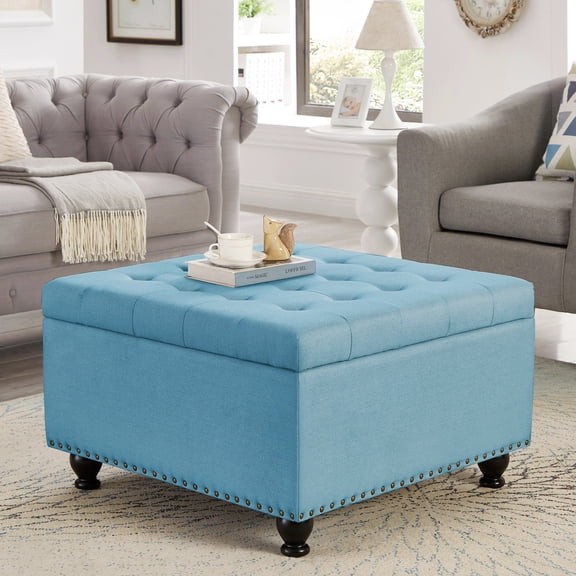 Eyisean 30" Linen Large Square Storage Ottoman, Modern Comfy Upholstered Coffee Table with Tufted Buttons & Nailhead Trim, Durable Footstool with Wood Legs, Foot Rest for Living Room, Bedroom