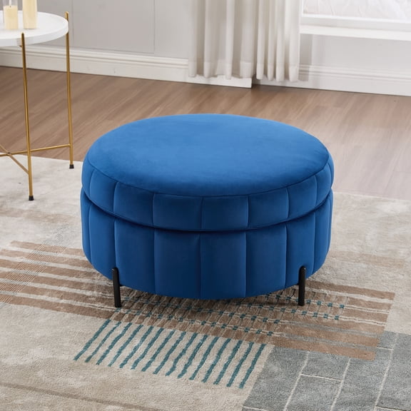 Eyisean 31.5" Velvet Upholstered Round Ottoman, Modern Storage Stool with Reversible Lid & Adjustable Metal Legs, Channel Tufted Pumpkin-Shape Footstool, Coffee Table for Living Room,Bedroom