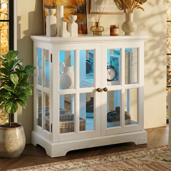 CKEASEAN 32''H Antique Curio Cabinet with Smartphone-Controlled Lights, Lighted Glass Display Cabinet, Retro Style Showcase with Lattice Doors, Rack for Bathroom and Living room