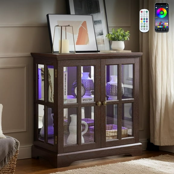 CKEASEAN 32''H Antique Curio Cabinet with Smartphone-Controlled Lights, Lighted Glass Display Cabinet, Retro Style Showcase with Lattice Doors, Rack for Bathroom and Living room