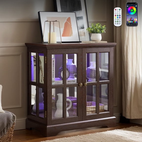 CKEASEAN 32''H Antique Curio Cabinet with Smartphone-Controlled Lights, Lighted Glass Display Cabinet, Retro Style Showcase with Lattice Doors, Rack for Bathroom and Living room