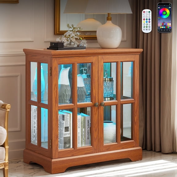 Eyisean 32" H LED Glass Display Cabinet with 7 Color Lights for Collectibles, Lighted Vintage Curio Cabinet with Lattice Doors, Modern Display Showcase with Adjustable Shelves for Living Room