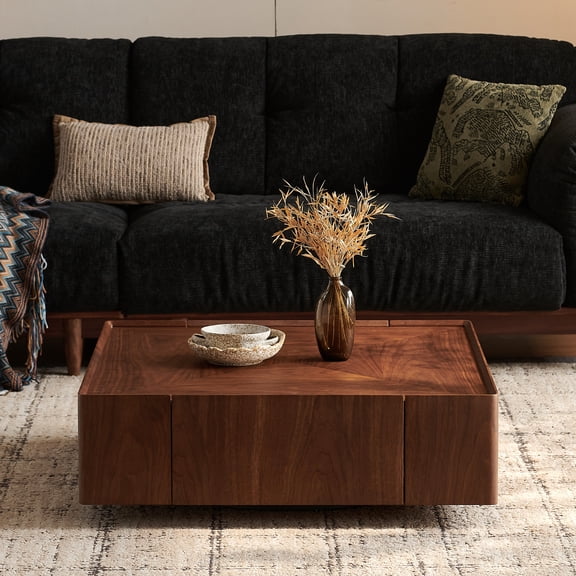 Eyisean 35.4" Walnut Square Coffee Table with Storage, Modern Coffee Table with Wood Grain Finish and Waterproof Feature, Mid Century Center Table with Drawers for Living Room, Office, Easy assembly