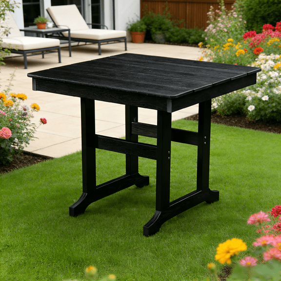 Eyisean 35" Modern Outdoor Dining Table, All-Weather Waterproof Square Desk with Umbrella Hole, Durable Portable Wood Grain Table with 304 Stainless Steel Screws, Easy Clean for Poolside, Garden