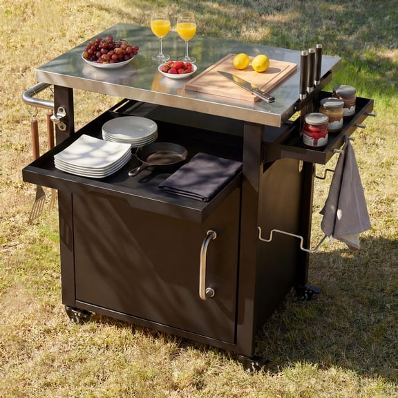 Eyisean 39.5" Outdoor Rolling Kitchen Island, Durable Metal Prep Station with Stainless Steel Top & Slide-Out Shelf, Portable Grill Cart Table with Storage Cabinet & Wheels, Waterproof Cover Included