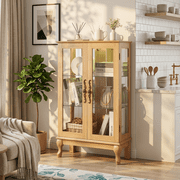 Eyisean 44" H LED Lighted Display Cabinet, Curio Display Case with 3-Tier Adjustable Glass Shelves, Curio Cabinet with Mirrored Back Panel for Living Room, Light Blub Included