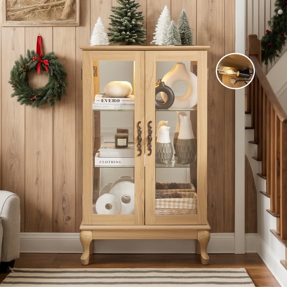 Eyisean 44" H Lighted Display Cabinet, Curio Display Case with 3-Tier Adjustable Glass Shelves, Curio Cabinet with Mirrored Back Panel for Living Room, Light Blub Included