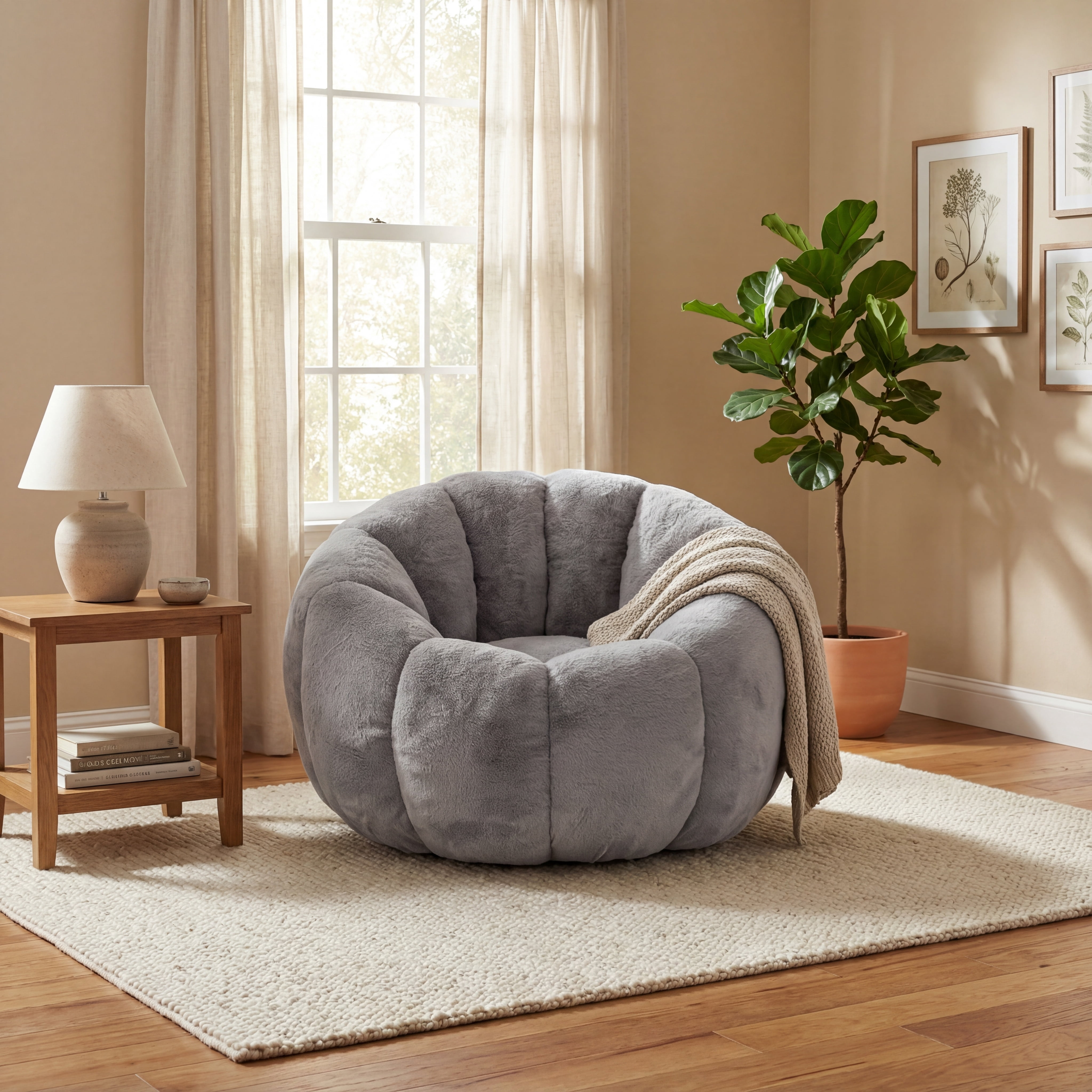 Eyisean 45" Fluffy Bean Bag Chair for Adults with Floral-Shaped Backrest, Comfy Soft Cloud Reading Chair with Faux Fur & Foam, Lazy Lounge Single Sofa for Bedroom, Living Room, Apartment