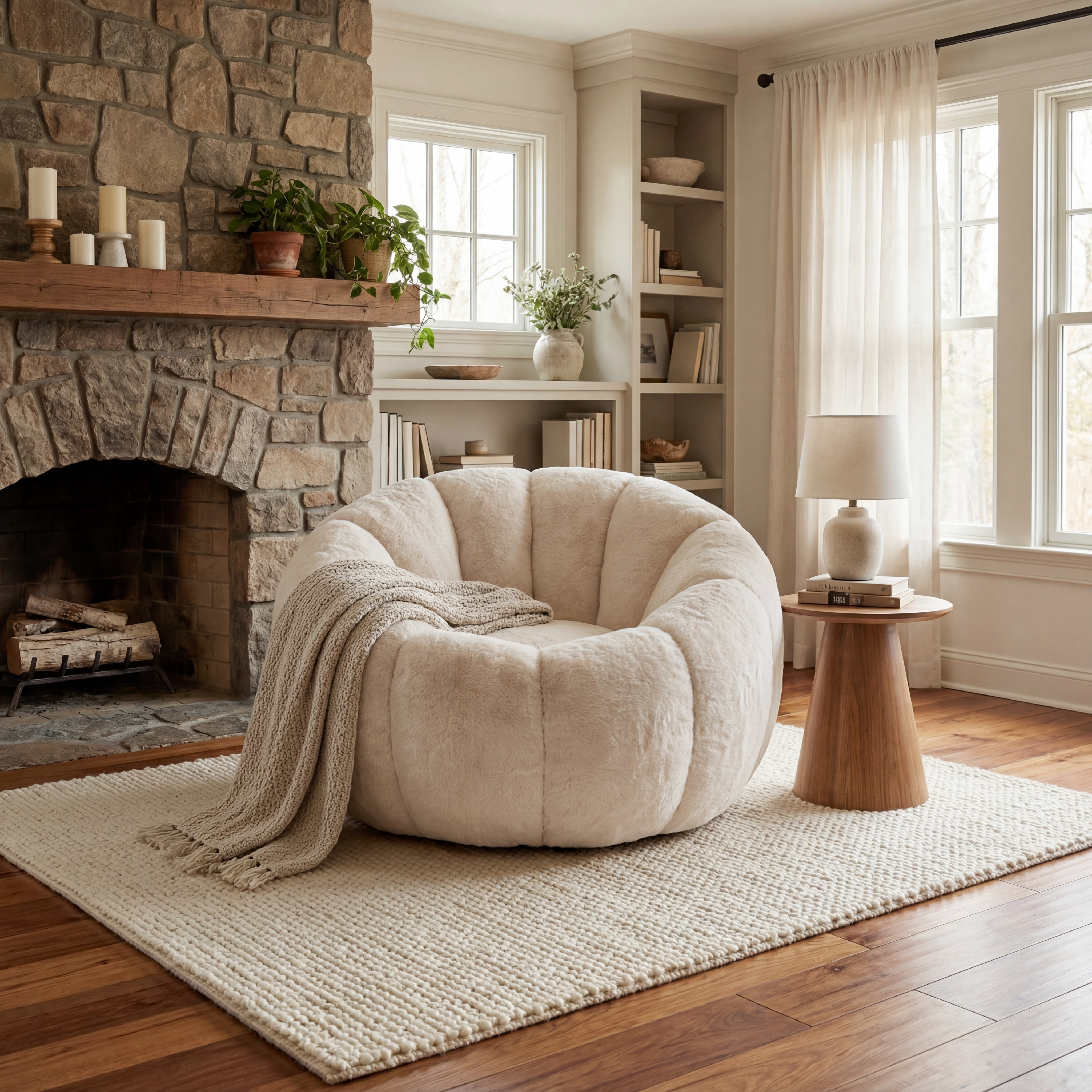 Eyisean 45" Fluffy Bean Bag Chair for Adults with Floral-Shaped Backrest, Comfy Soft Cloud Reading Chair with Faux Fur & Foam, Lazy Lounge Single Sofa for Bedroom, Living Room, Apartment