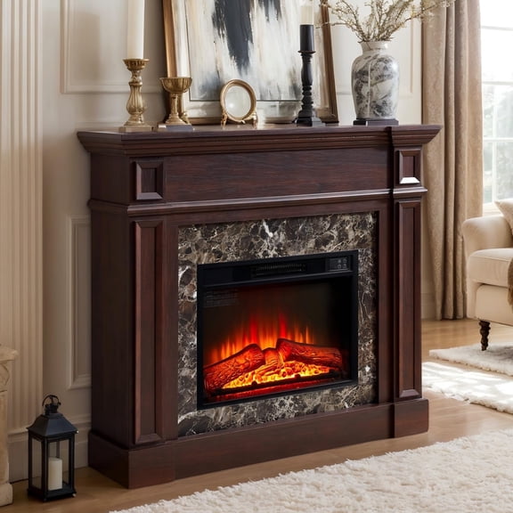 CKEASEAN 46"W Electric Fireplace with Mantel, Electric Fireplace Heater, 23" Electric Fireplace Insert, 1400W Heater with 3D Flame Stacked Stone Surround, Remote Control Included