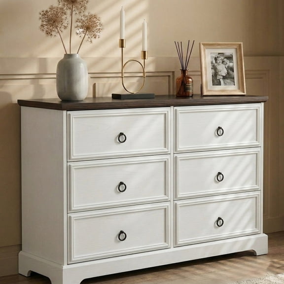Eyisean 47.25" Wooden Modern Farmhouse 6-Drawer Chest, Dresser of Storage Drawers with Metal Sliding Rail & Round Handle, Multifunctional Space-Saving Cabinet, Easy Assembly for Hallway, Bedroom