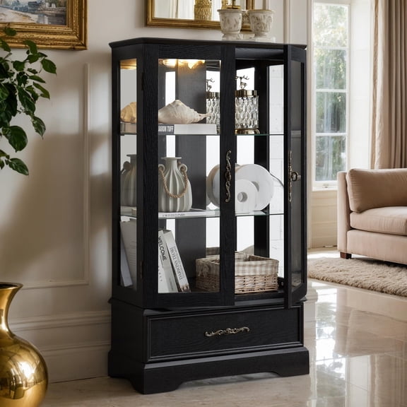 Eyisean 47" H Lighted Display Cabinet, Curio Display Showcase with Tempered Glass Doors, 3-Tier Adjustable Shelves and Acrylic Mirror Back, for Living Room/Apartment