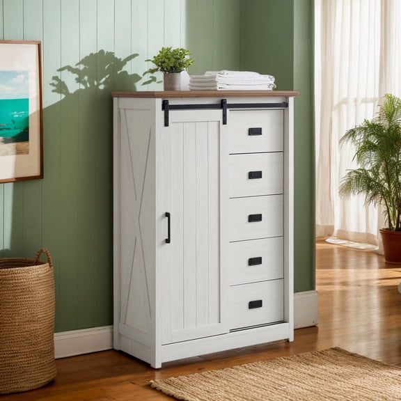 Eyisean 48" H Farmhouse 5 Drawers Dresser, Tall Dresser 5 Chest of Drawers with Sliding Barn Door, Wooden Storage Organizer Cabinet Chest of Drawer for Closet for Living Room, Hallway