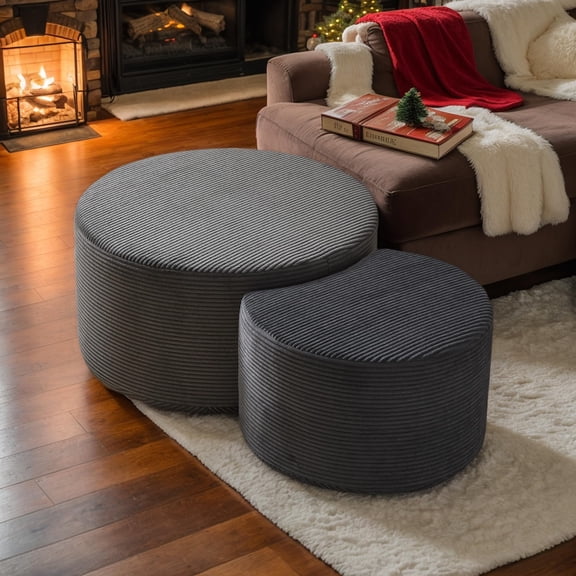 Eyisean 50" Modern Nesting Coffee Table Set of 2, Upholstered Round Center Tables with Ottoman, Side Table with Corduroy & Foam Fabric for Living Room, Apartment, No Assembly Required