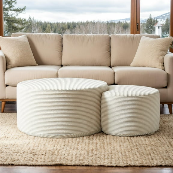 Eyisean 50" Modern Nesting Coffee Table Set of 2, Upholstered Round Center Tables with Ottoman, Side Table with Corduroy & Foam Fabric for Living Room, Apartment, No Assembly Required