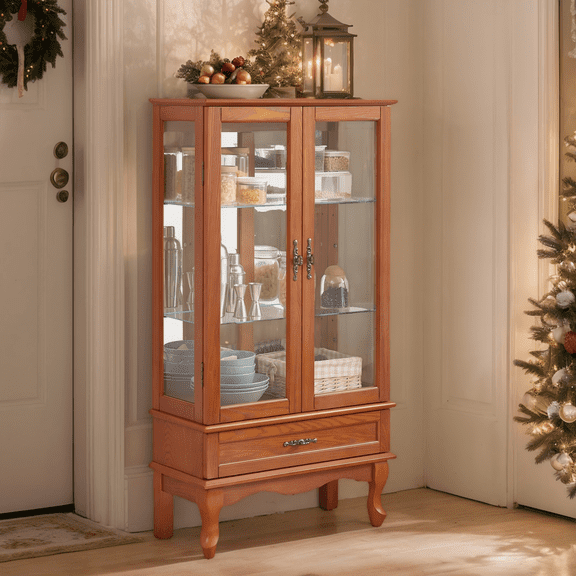 Eyisean 52" H Lighted Display Cabinet, Curio Display Case with 3-Tier Adjustable Shelves, Curio Cabinet with Tempered Glass Doors and Light Bulb, Rack for Living Room Storage