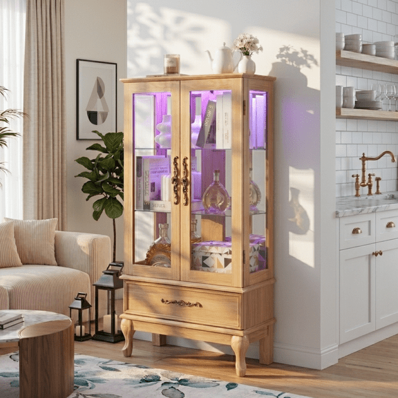 Eyisean 52" H Lighted Display Cabinet, Curio Display Case with 3-Tier Adjustable Shelves, Curio Cabinet with Tempered Glass Doors and Light Bulb, Rack for Living Room Storage