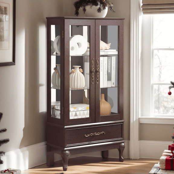 Eyisean 52" H Lighted Display Cabinet, Curio Display Case with 3-Tier Adjustable Shelves, Curio Cabinet with Tempered Glass Doors and Light Bulb, Rack for Living Room Storage