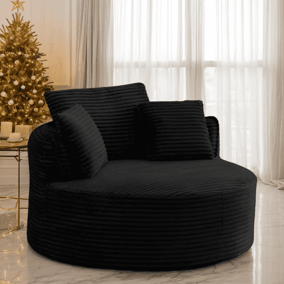Eyisean 53.5" Oversized Round Chaise Lounge Chair Indoor, Comfy Corduroy Upholstered Boneless Couch with Pillow, No Assembly Required, Deep Seat Lounge Floor Sofa Chair for Living Room, Apartment