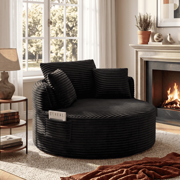 Eyisean 53.5" Oversized Round Chaise Lounge Chair Indoor, Comfy Corduroy Upholstered Boneless Couch with Pillow, No Assembly Required, Deep Seat Lounge Floor Sofa Chair for Living Room, Apartment
