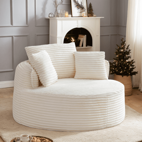 Eyisean 53.5" Oversized Round Chaise Lounge Chair Indoor, Comfy Corduroy Upholstered Boneless Couch with Pillow, No Assembly Required, Deep Seat Lounge Floor Sofa Chair for Living Room, Apartment