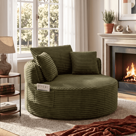 Eyisean 53.5" Oversized Round Chaise Lounge Chair Indoor, Comfy Corduroy Upholstered Boneless Couch with Pillow, No Assembly Required, Deep Seat Lounge Floor Sofa Chair for Living Room, Apartment