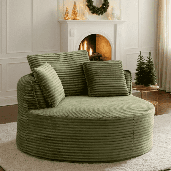 Eyisean 53.5" Oversized Round Chaise Lounge Chair Indoor, Comfy Corduroy Upholstered Boneless Couch with Pillow, No Assembly Required, Deep Seat Lounge Floor Sofa Chair for Living Room, Apartment