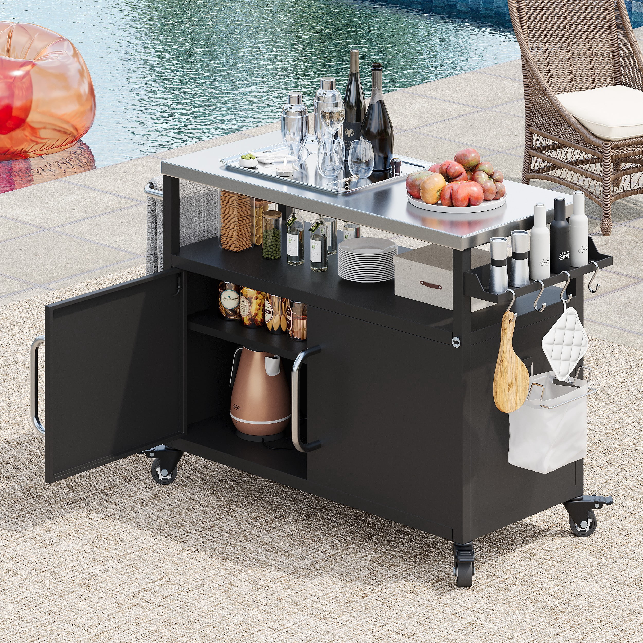Eyisean 54.5" Outdoor Rolling Kitchen Island, Metal Prep Station with Stainless Steel Tabletop & Removable Shelf, Portable Grill Cart Table with Storage Cabinet & 4 Wheels, Spice Rack, Towel Rack
