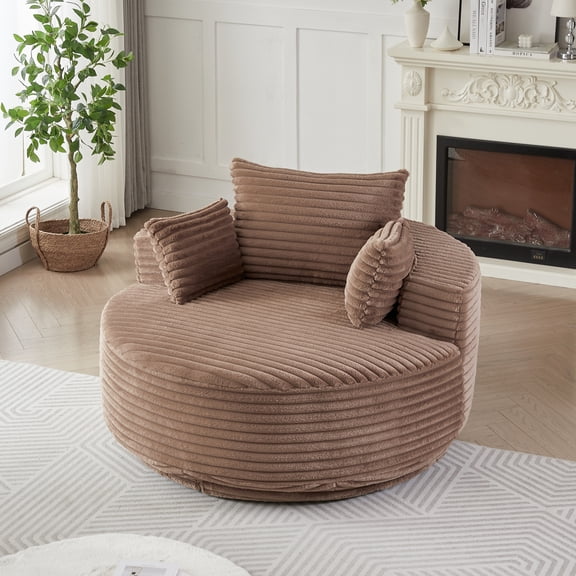 Eyisean 55'' Corduroy 360° Swivel Round Chaise Lounge Chair, Oversized Upholstered Boneless Couch with Pillows & Wide Armrest, Easy Assembly, Comfy Deep Seat Armchair for Living Room, Bedroom