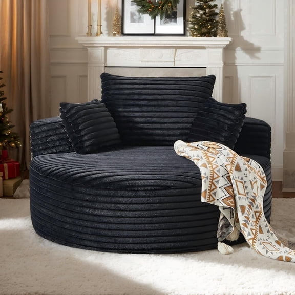 Eyisean 55'' Corduroy Indoor Oversized Round Chaise Lounge Chair, Comfy Upholstered Boneless Couch with Pillow, Deep Seat Circle Sofa Armchair for Living Room, Bedroom, No Assembly Required