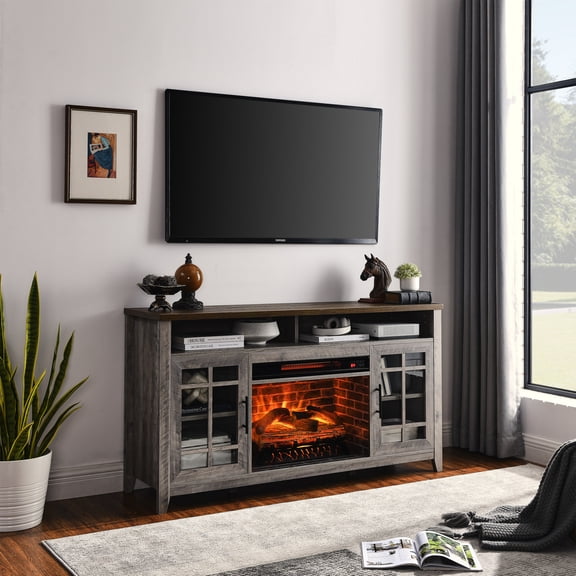 Eyisean 55" Fireplace TV Stand with 23" Electric Heater, Media Entertainment Center Console Table with Open Storage Shelves and Cabinets, Wooden TV Console Table for TVs up to 65"