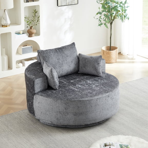Eyisean 55'' Polyester 360° Swivel Round Chaise Lounge Chair, Oversized Upholstered Boneless Couch with Pillows & Wide Armrest, Easy Assembly, Comfy Deep Seat Armchair for Living Room, Bedroom