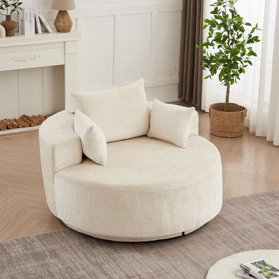 Eyisean 55'' Polyester 360° Swivel Round Chaise Lounge Chair, Oversized Upholstered Boneless Couch with Pillows & Wide Armrest, Easy Assembly, Comfy Deep Seat Armchair for Living Room, Bedroom