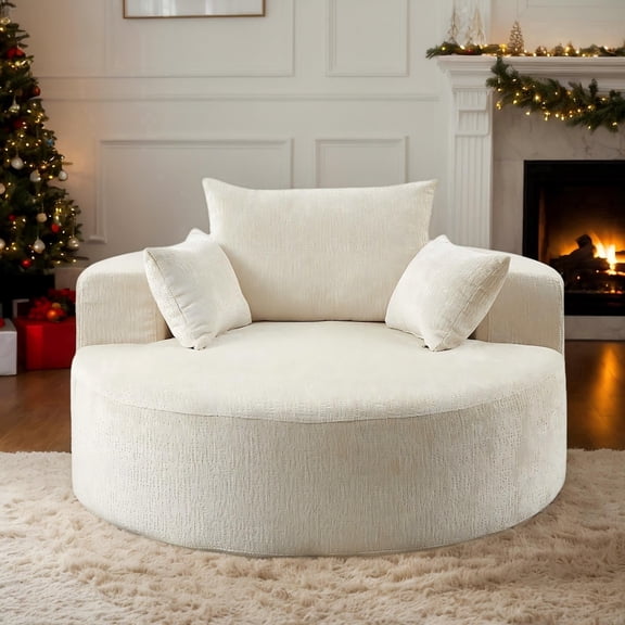 Eyisean 55''W Polyester Oversized Round Chaise Lounge Chair Indoor, Upholstered Boneless Deep Seat Floor Sofa Chair with Pillow, No Assembly Required, Single Sofa Armchair for Living Room