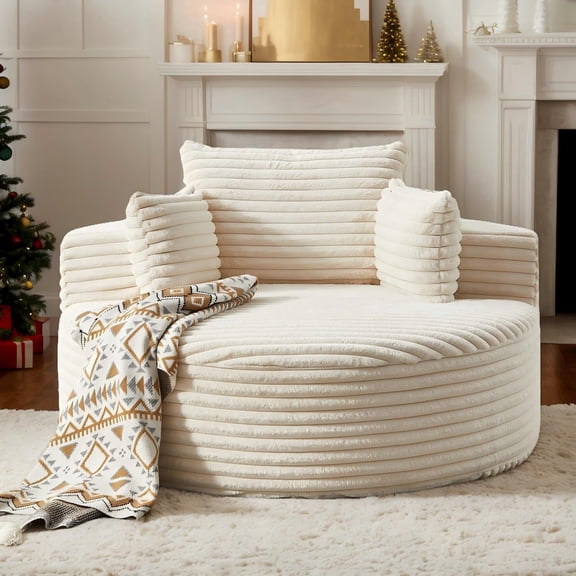 Eyisean 55''W Corduroy Oversized Round Chaise Lounge Chair Indoor, Upholstered Boneless Deep Seat Floor Sofa Chair with Pillow, No Assembly Required, Single Sofa Armchair for Living Room