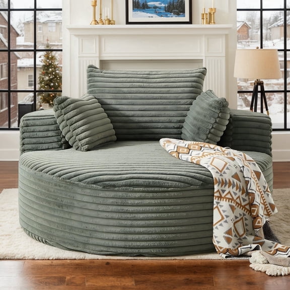 Eyisean 55''W Corduroy Oversized Round Chaise Lounge Chair Indoor, Upholstered Boneless Deep Seat Floor Sofa Chair with Pillow, No Assembly Required, Single Sofa Armchair for Living Room