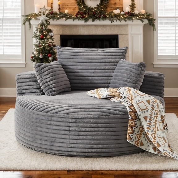Eyisean 55''W Corduroy Oversized Round Chaise Lounge Chair Indoor, Upholstered Boneless Deep Seat Floor Sofa Chair with Pillow, No Assembly Required, Single Sofa Armchair for Living Room