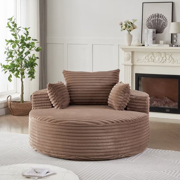 Eyisean 55''W Corduroy Oversized Round Chaise Lounge Chair Indoor, Upholstered Boneless Deep Seat Floor Sofa Chair with Pillow, No Assembly Required, Single Sofa Armchair for Living Room