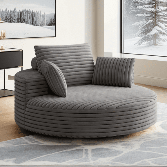 Eyisean 55" W Corduroy Oversized Round Swivel Accent Barrel Chair, 360° Upholstered Chaise Lounge Chair Indoor with Pillow, Comfy Deep Seat Single Sofa Armchair for Living Room, Apartment