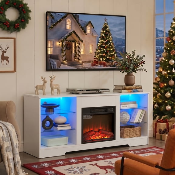 Eyisean 58" LED Electric Fireplace TV Stand with 18" Fireplace Inserts, Wooden Entertainment Center 7 Colors Light for TVs Up to 65", TV Media Console Table with Open Cabinet for Living Room